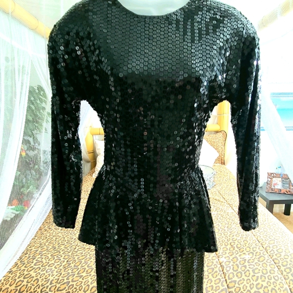 Vintage I. Magnin Black Sequin Evening Dress - Picture 2 of 12